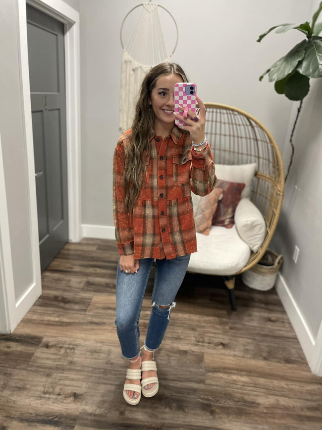 RED WASHED PLAID PEPLUM BUTTON UP JACKET