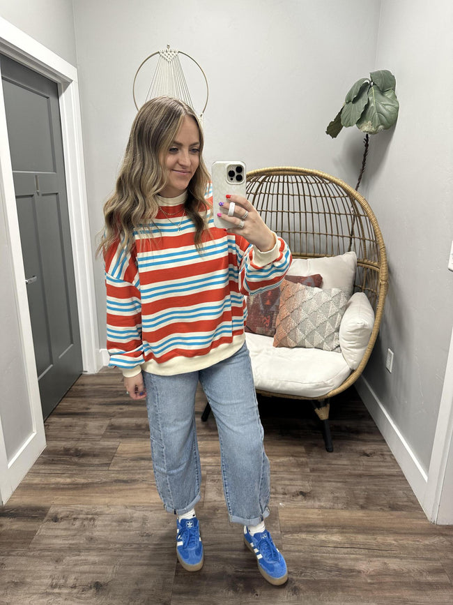 BOSTON RED BLUE MULTI STRIPE CREW SWEATER