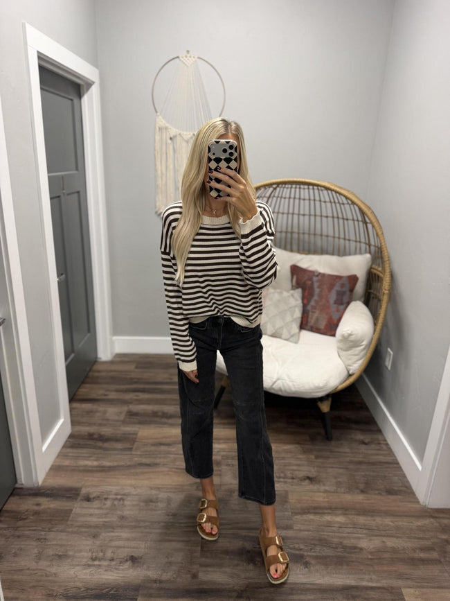 APRIL CHOCOLATE STRIPE BUTTON BACK SWEATER TOP