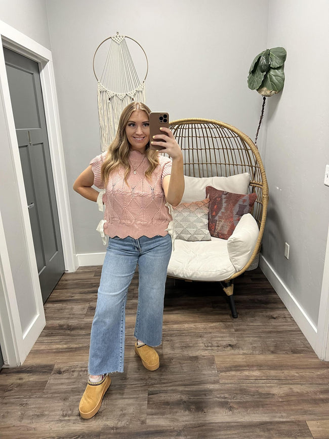 CARLY BLUSH SIDE TIE SWEATER TOP