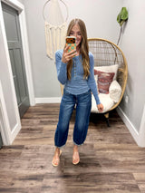 JENNIE WASHED VINTAGE BLUE BUTTON UP HENLEY TOP