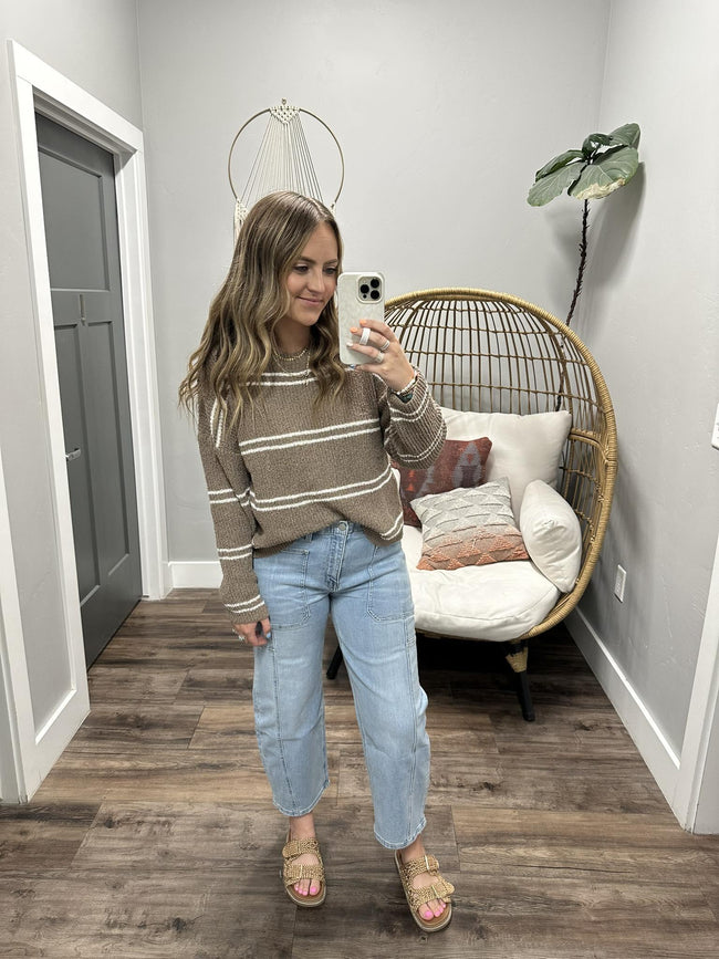 ALICE MOCHA AND CREAM STRIPE KNIT SWEATER