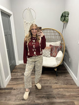 TARA WINE EMBROIDERED FLORAL DETAIL SWEATER TOP