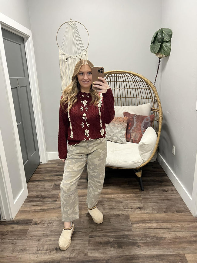 TARA WINE EMBROIDERED FLORAL DETAIL SWEATER TOP