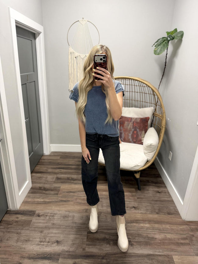 LYLA BLUE ACID WASH BUTTON BACK KNIT SHORT SLEEVE SWEATER TOP