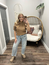 GLENDA CAMEL RUFFLE SHORT SLEEVE SWEATER TOP