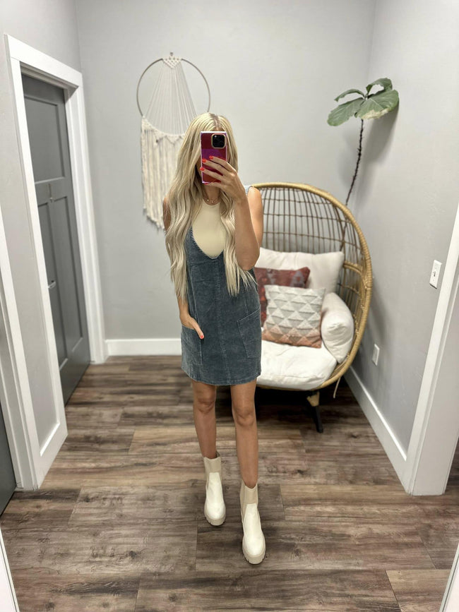 CAMDEN SLATE BLUE CORDED OVERALL DRESS