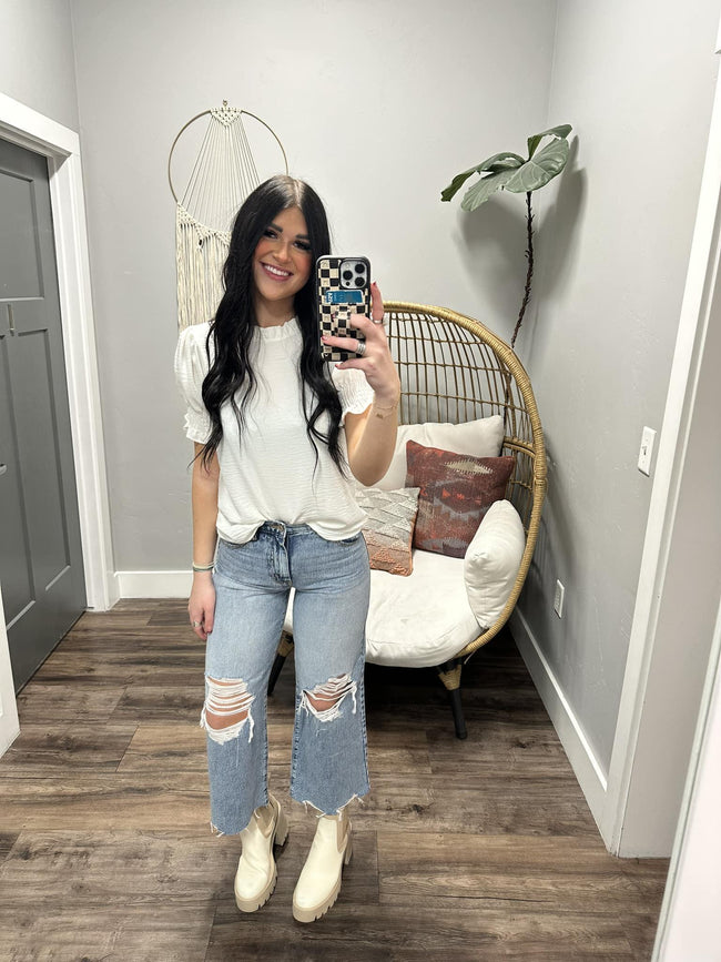 CONNIE IVORY SMOCKED SHORT SLEEVE BLOUSE TOP