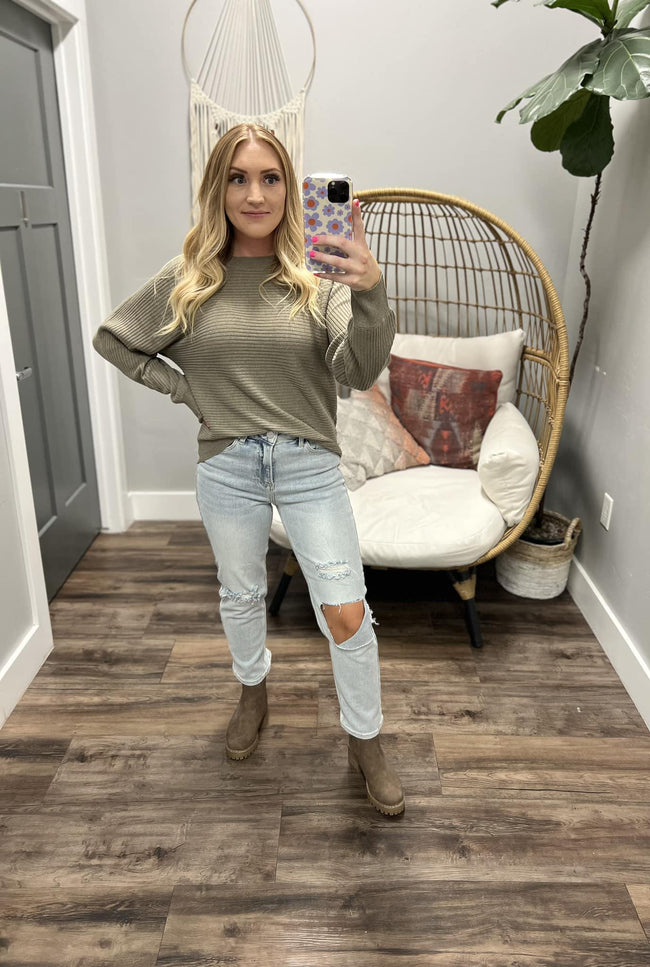 SO COZY OLIVE RIBBED SWEATER TOP