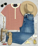 HENLEY KNIT SWEATER IN CINNAMON STRIPE