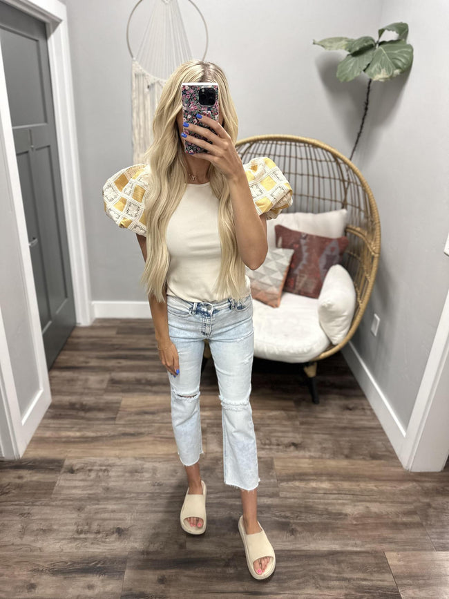 ANGELA CREAM HONEY CROCHET PATCH SLEEVE BLOUSE