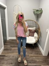 LIV PINK RIBBED TRI HENLEY BUTTON FRONT TOP