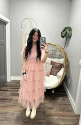 KENDALL LIGHT PINK TUELLE TIERED MIDI DRESS
