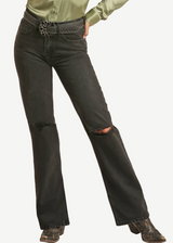ROCK & ROLL BLACK HIGH RISE DISTRESSED SPLIT FLARE DENIM