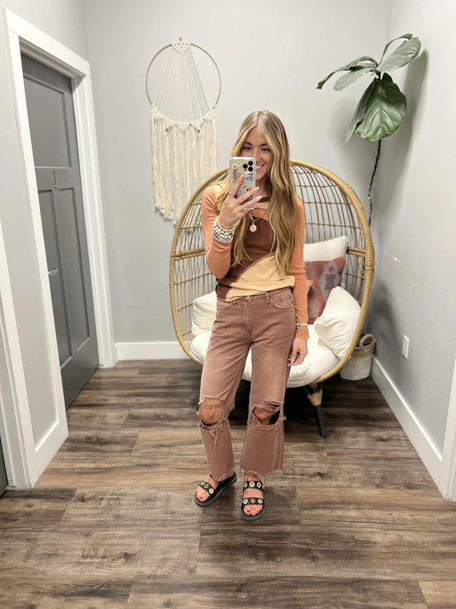 EVALIN COLORBLOCK RUST STITCH LONG SLEEVE TOP