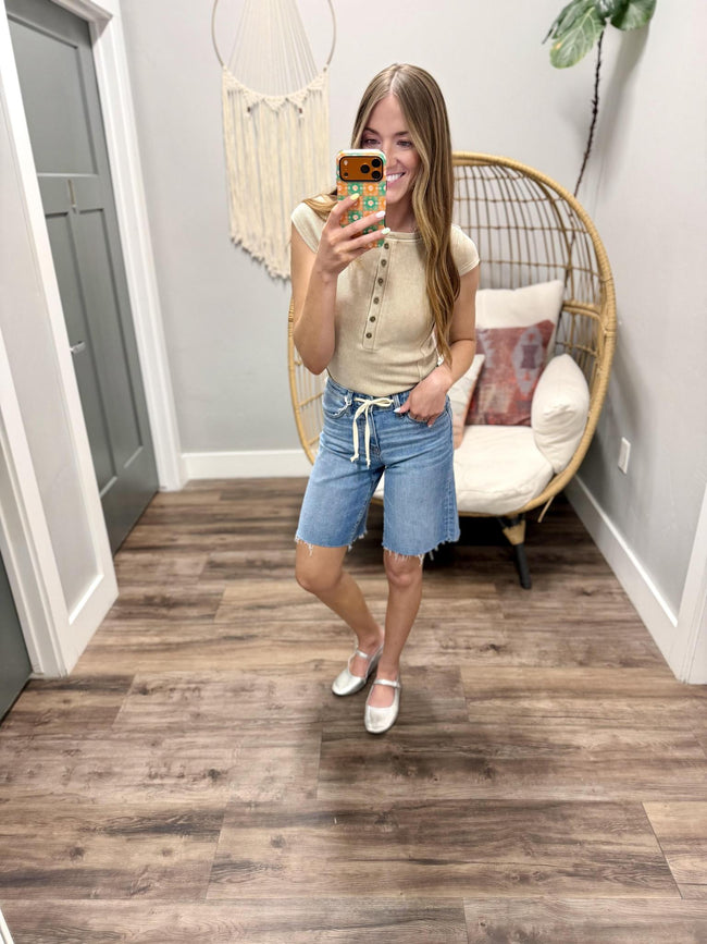 JOSIE KHAKI HENLEY BUTTON UP SHORT SLEEVE TOP