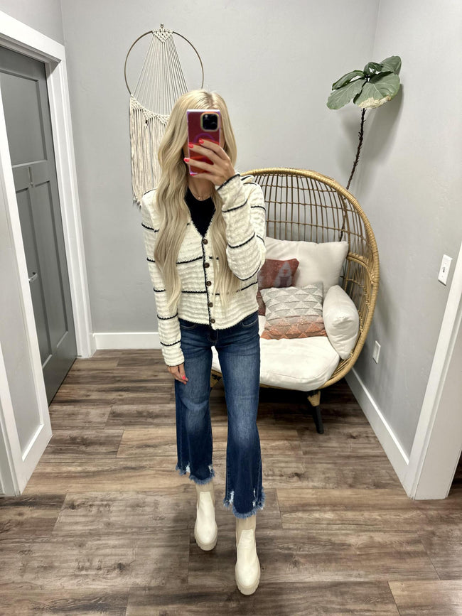VERONICA IVORY AND BLACK STRIPE CARDIGAN TOP