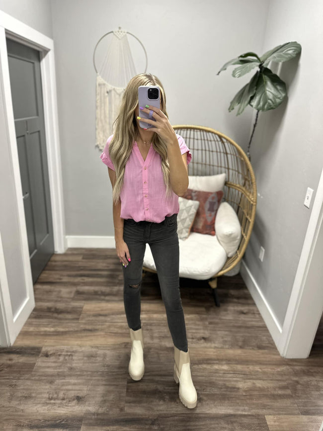 ROYCE PINK BUTTON UP SHORT SLEEVE BLOUSE