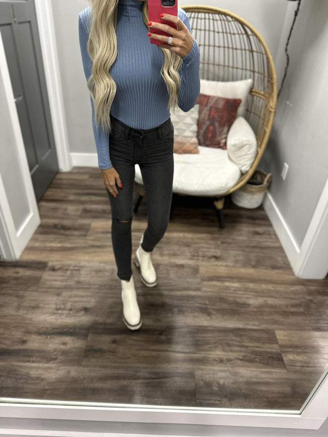 DUSTY BLUE MOCK NECK RIBBED LONG SLEEVE