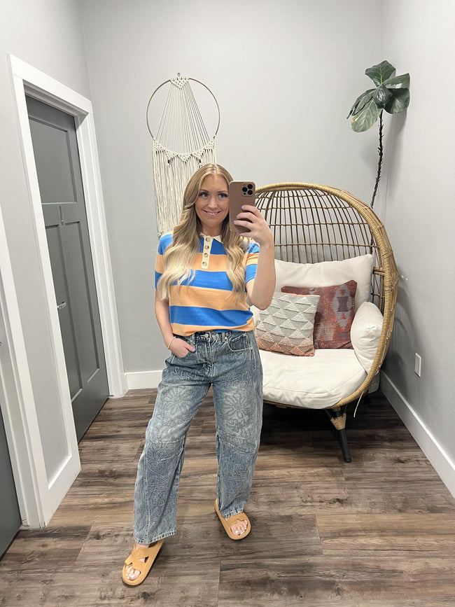 CICI BLUE PEACH STRIPE POLO TOP