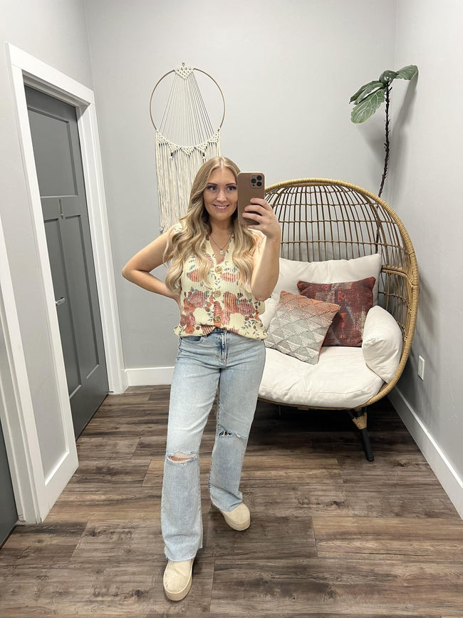 BECCA FLORAL BUTTON UP SWEATER VEST TOP