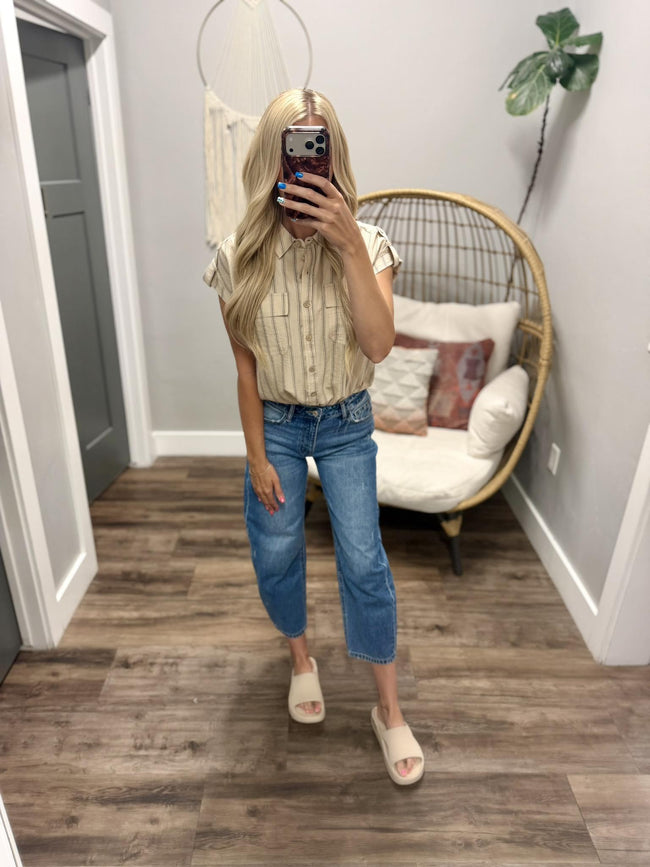 LINDA KHAKI POCKET BUTTON UP BLOUSE TOP