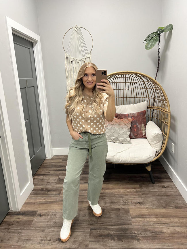 KAITLYN TAUPE BUTTON UP SHORT SLEEVE POLKA DOT CARDIGAN TOP