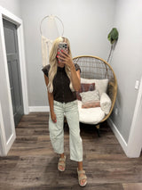 KARLA BROWN RAW EDGE BUTTON UP SHORT SLEEVE CARDIGAN TOP