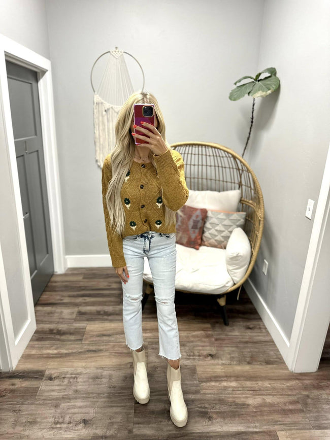 CARISSA CAMEL FLORAL EMBROIDERED CARDIGAN TOP