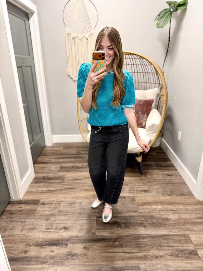 HAVEN JADE STITCH DETAIL KNIT SHORT SLEEVE TOP