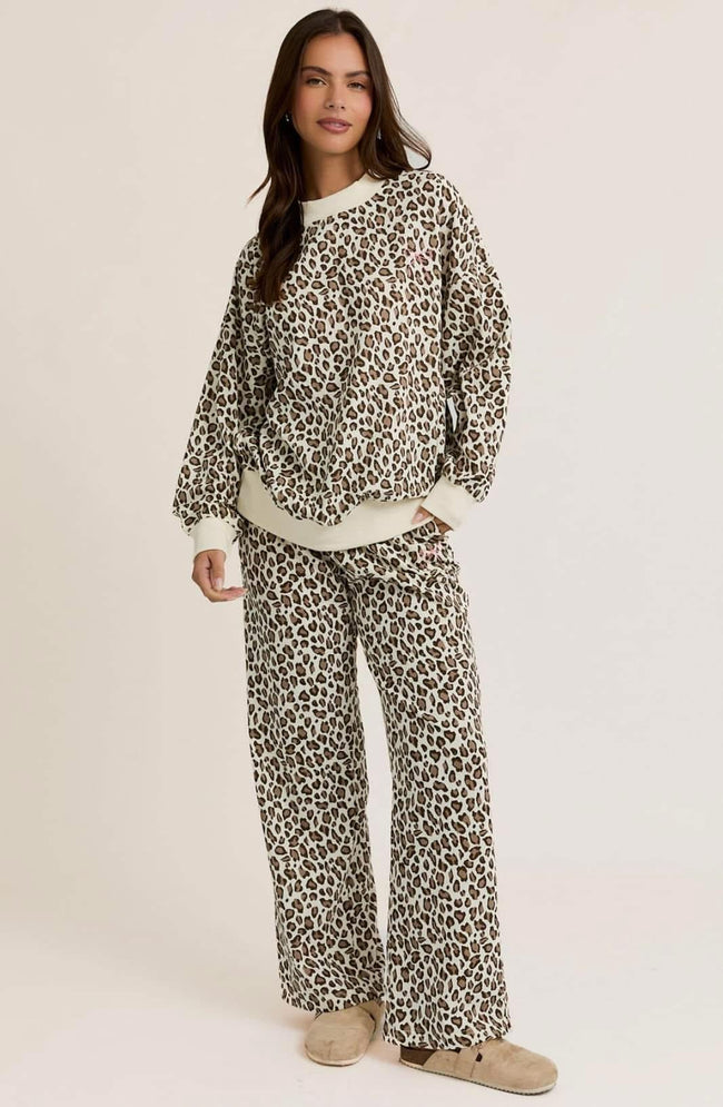 CREAM LEOPARD 2 PIECE CREW AND SWEATPANT SET