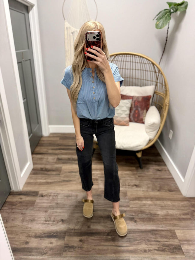 BRINLEY PINSTRIPE POCKET BUTTON UP HENLEY BLOUSE