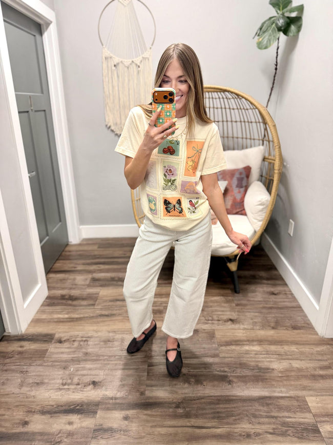 CREAM POSTAGE STAMP FLORAL GRAPHIC TEE