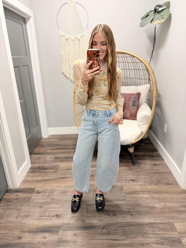 TRISHA CREAM FLORAL LONG SLEEVE MESH TOP