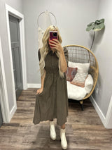 EMORY PLAID RUCHED BUTTON UP MIDI DRESS