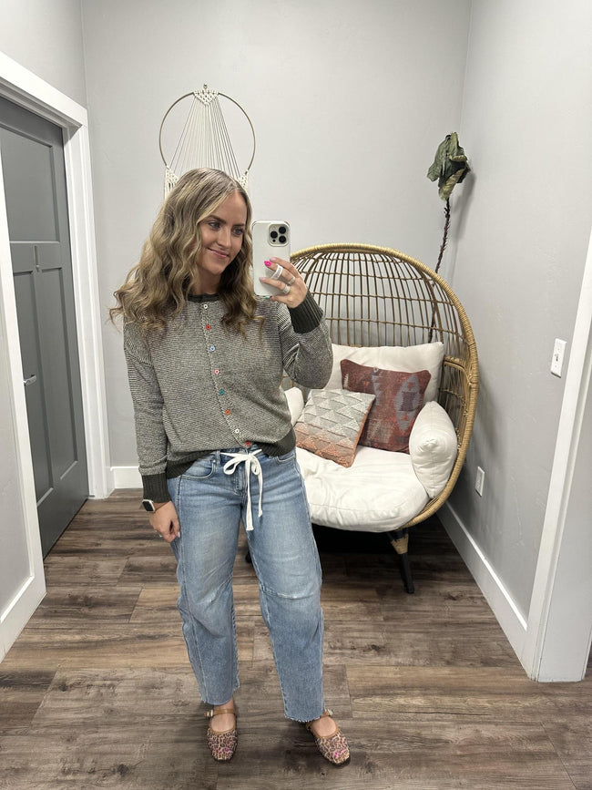 KORA OLIVE STRIPE MULTI COLOR BUTTON CARDIGAN TOP