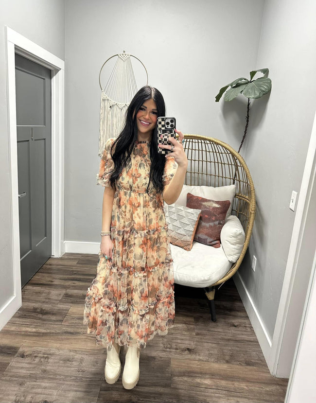 DENA IVORY CHARCOAL RED TULLE WATERCOLOR DRESS