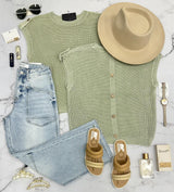 LYLA ACID WASH SAGE BUTTON BACK KNIT SHORT SLEEVE SWEATER TOP