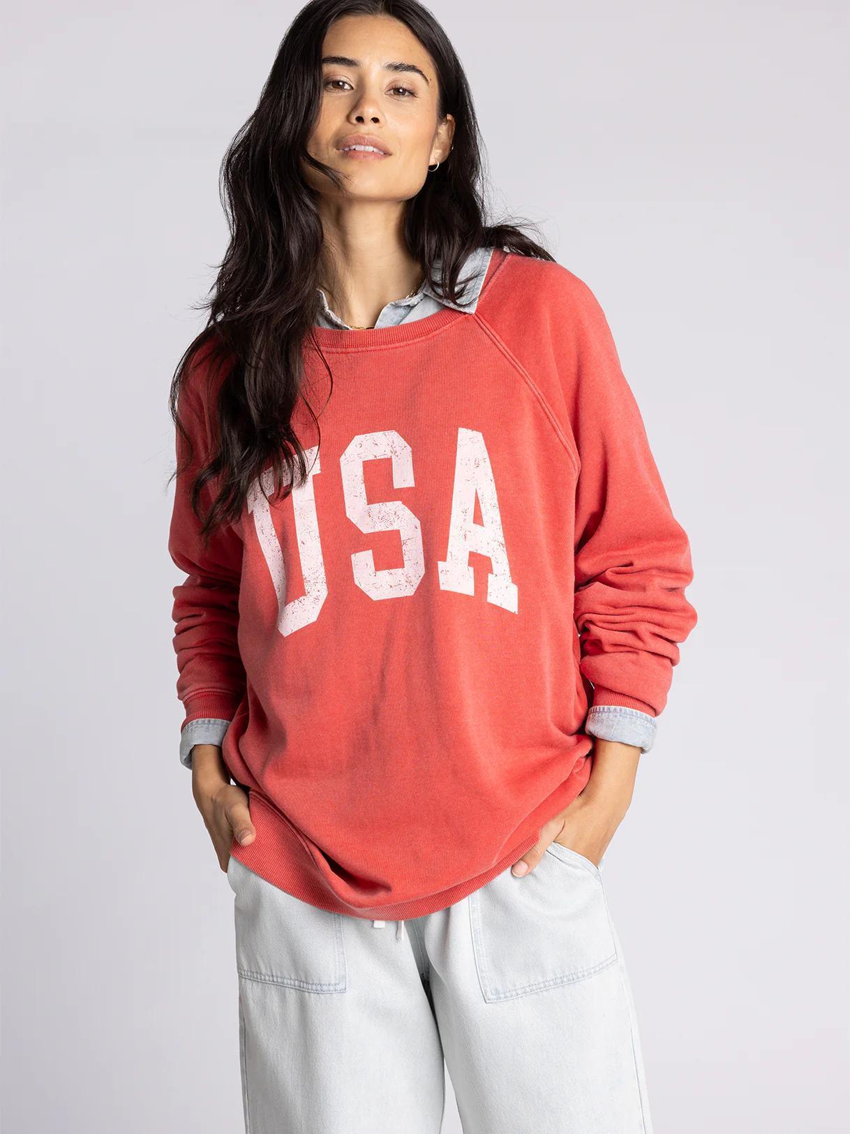 RED WASHED USA CREW SWEATSHIRT