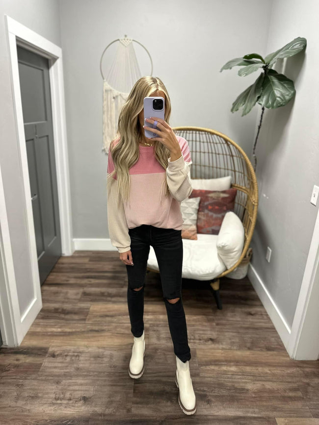 PINK RIBBED COLORBLOCK LONG SLEEVE TOP