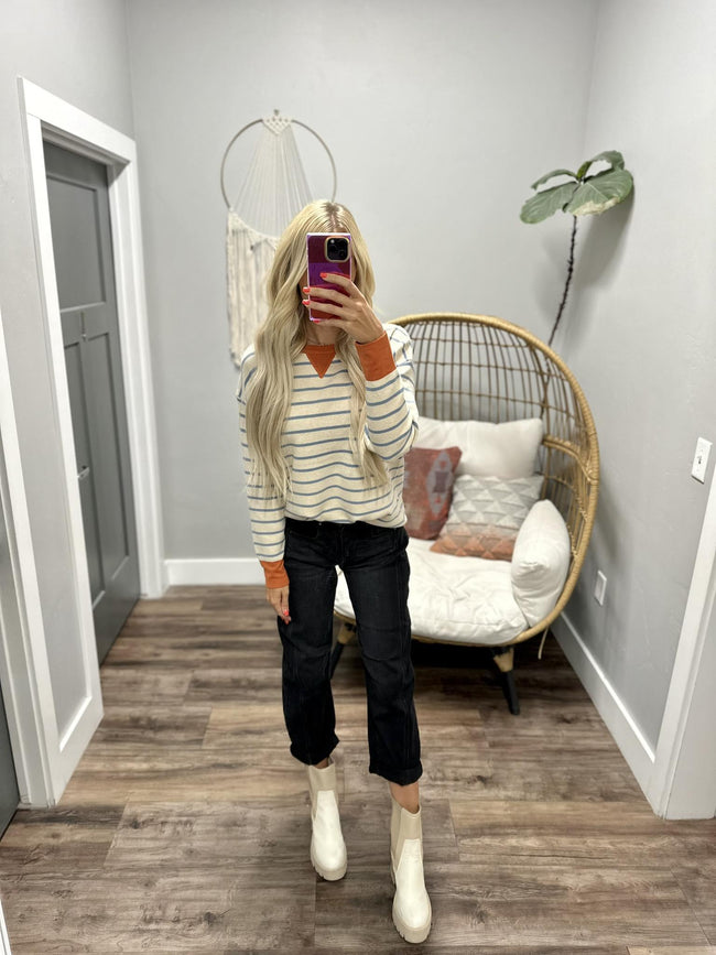 NELLY OATMEAL/BLUE/RUST STRIPE SWEATER TOP