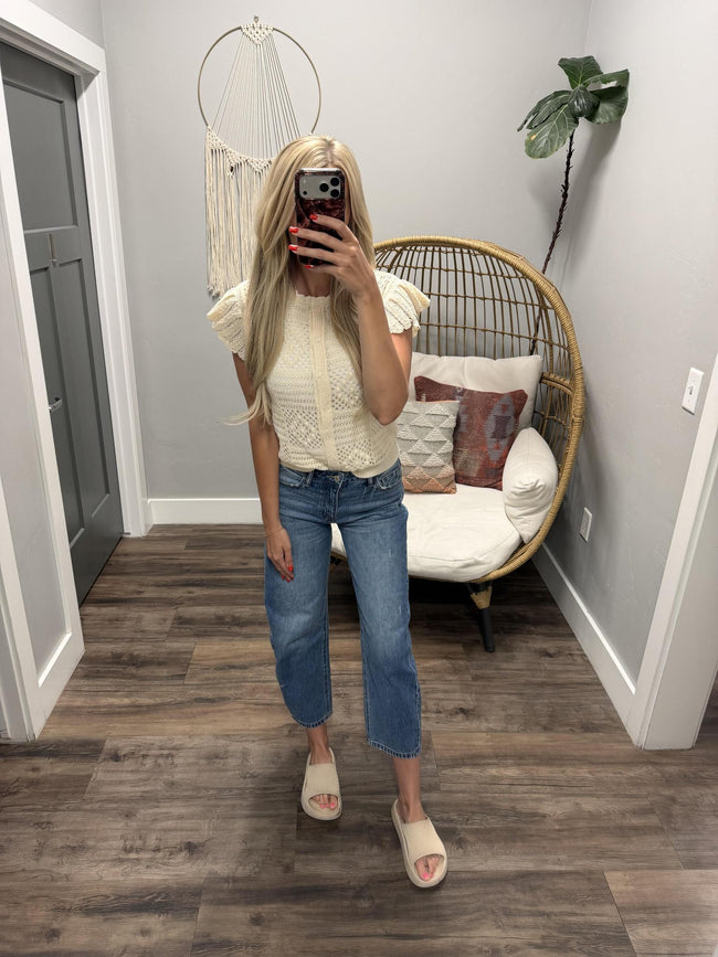 DESTINY OPEN KNIT CROCHET SHORT SLEEVE TOP