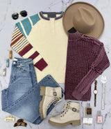 BOBBI TEAL BURGUNDY HENLEY MULTI STRIPE SWEATER TOP
