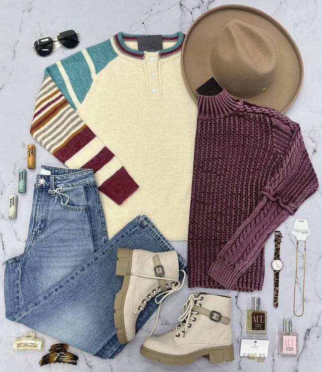 BOBBI TEAL BURGUNDY HENLEY MULTI STRIPE SWEATER TOP