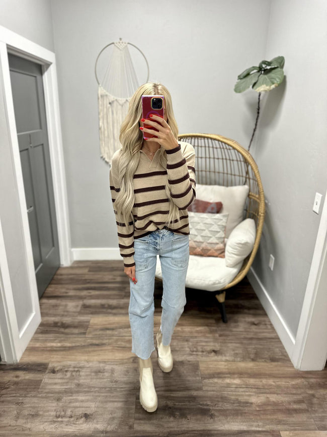 REESE TAUPE CHOCOLATE COLLARED SWEATER TOP