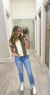 BRYLEE OLIVE AND CREAM STRIPE SWEATER TOP