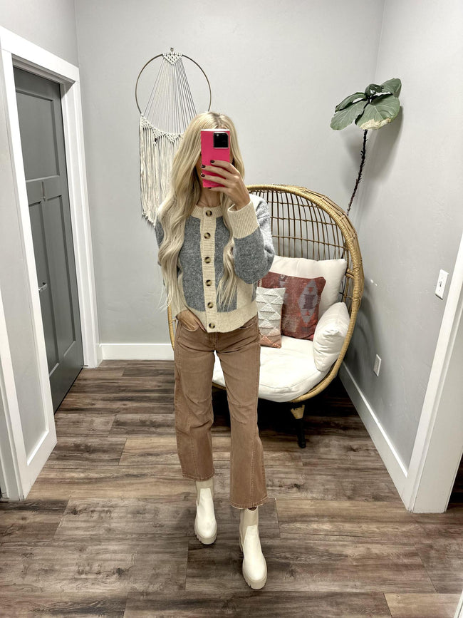PAULA TAUPE AND GREY BUTTON FRONT CARDIGAN TOP