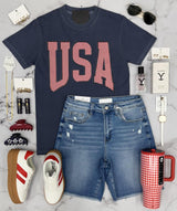 NAVY PLAID USA GINGHAM GRAPHIC TEE