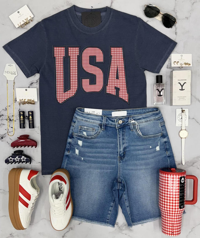 NAVY PLAID USA GINGHAM GRAPHIC TEE