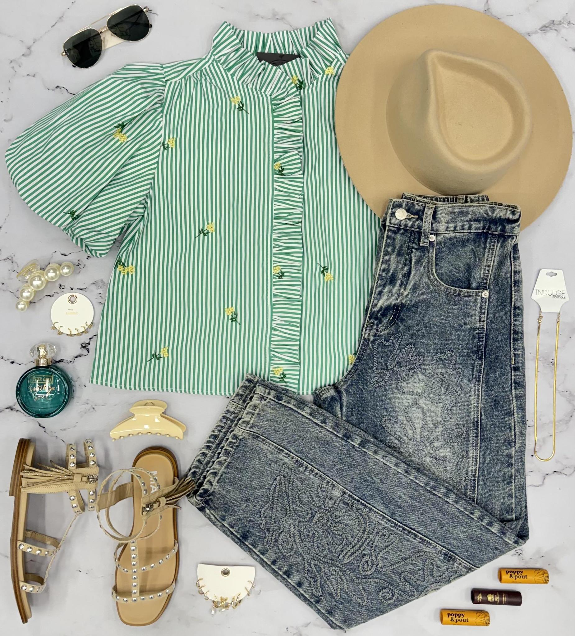 GREEN STRIPE RUFFLE DETAIL BLOUSE TOP